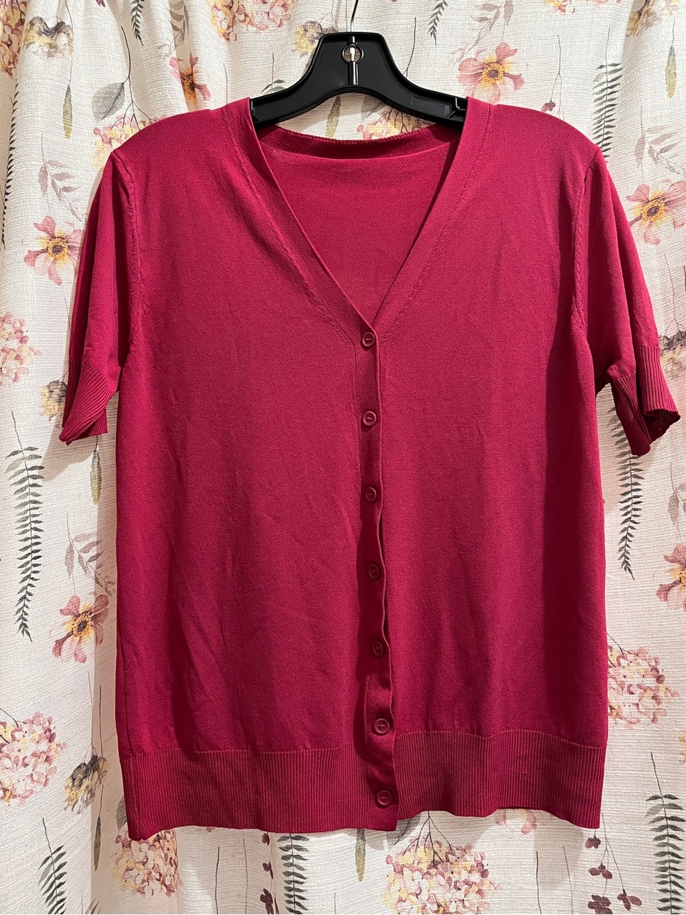 Lightweight Button-Front Short Sleeve Top — Raspberry